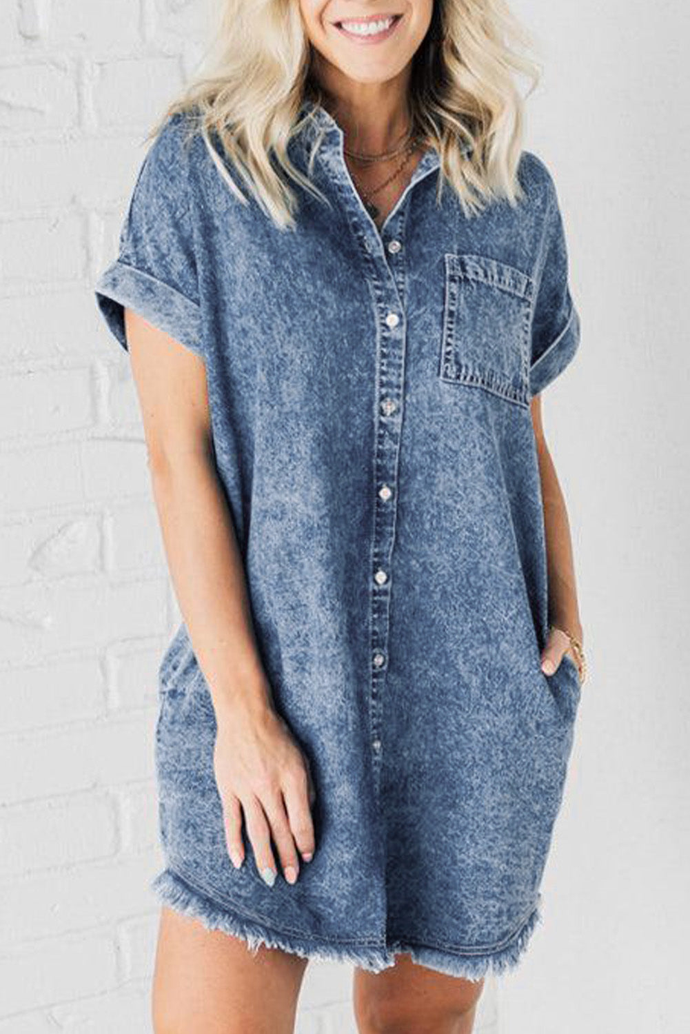 Blue Mineral Wash Cuffed Sleeve Frayed Hem Denim Dress - Premium Dresses/Mini Dresses from Momma Done Gone Crafty- Just $55! Shop now at Momma Done Gone Crafty
