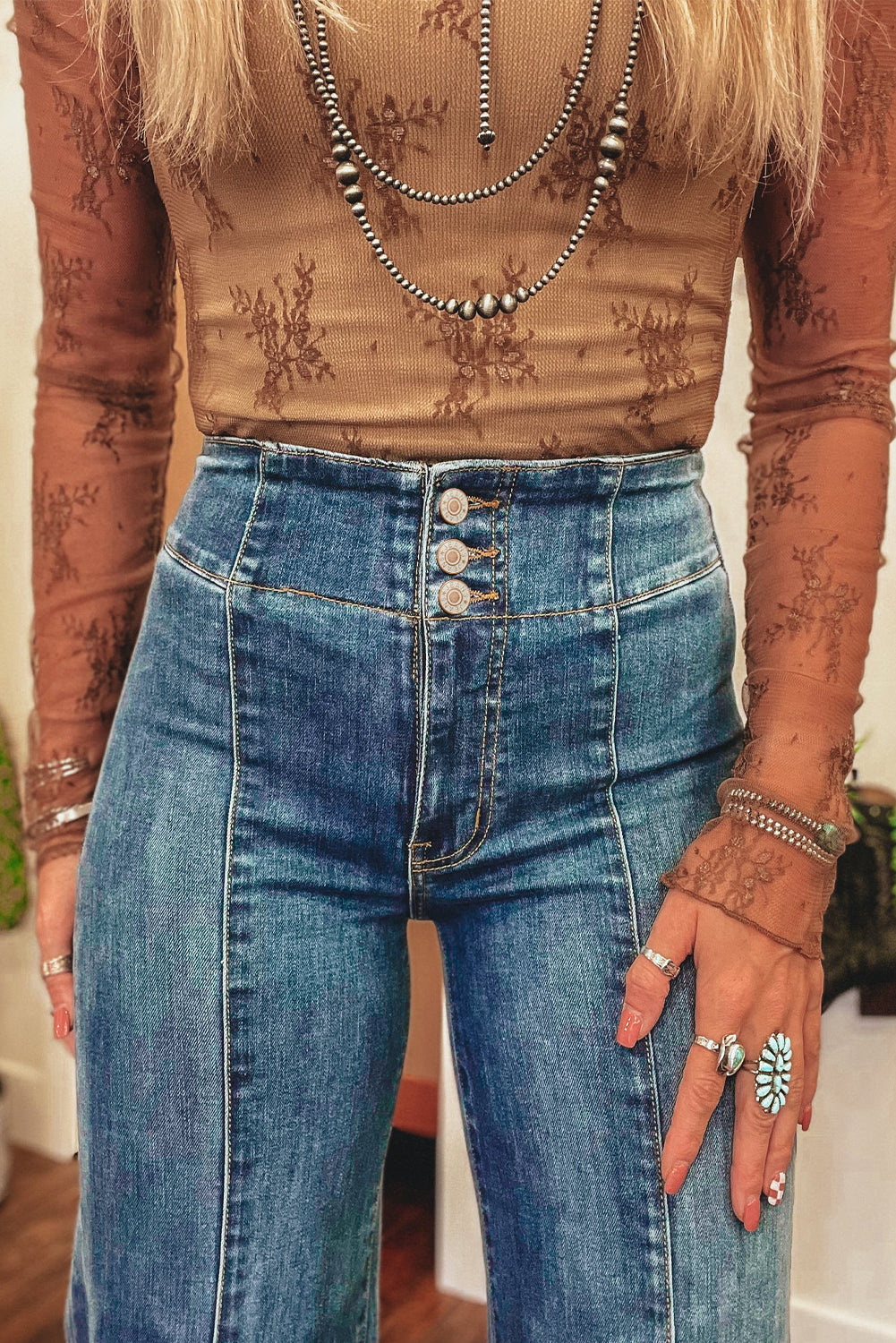 Sail Blue High Waist Button Fly Seamed Raw Hem Flare Jeans - Premium Bottoms/Jeans from Momma Done Gone Crafty- Just $35.10! Shop now at Momma Done Gone Crafty