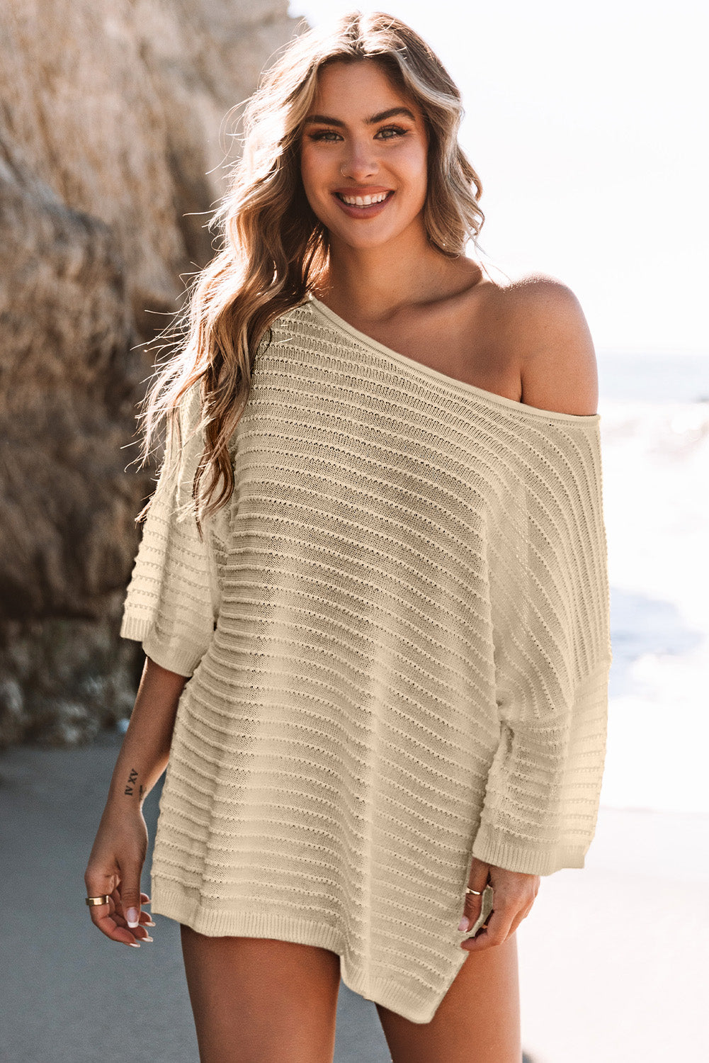 Apricot Textured Knit Drop Shoulder Tee - Premium Tops from Momma Done Gone Crafty- Just $67.20! Shop now at Momma Done Gone Crafty