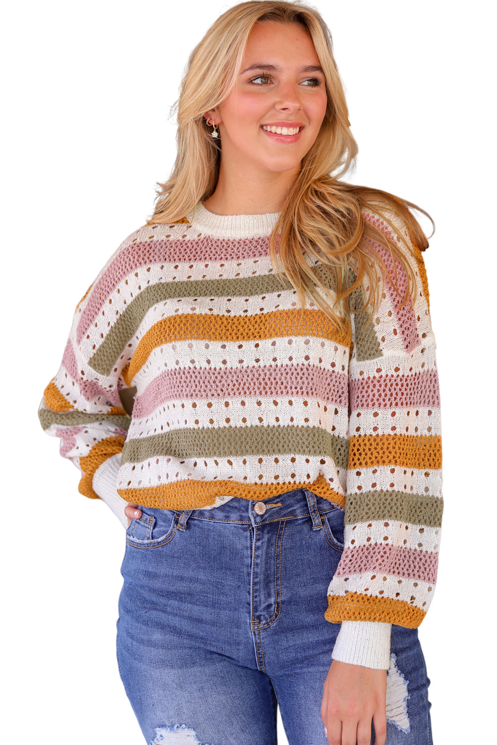 Multicolor Striped Hollowed Knitted Loose Sweater - Premium Tops from Momma Done Gone Crafty- Just $35.40! Shop now at Momma Done Gone Crafty