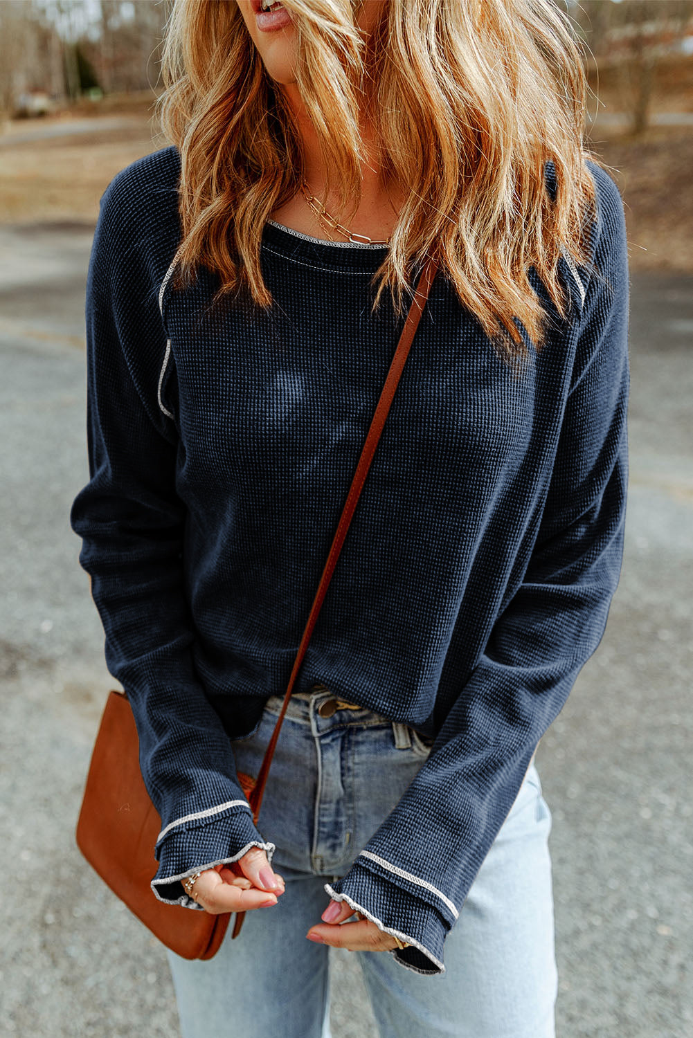 Blue Textured Round Neck Long Sleeve Top - Premium Tops from Momma Done Gone Crafty- Just $13.20! Shop now at Momma Done Gone Crafty