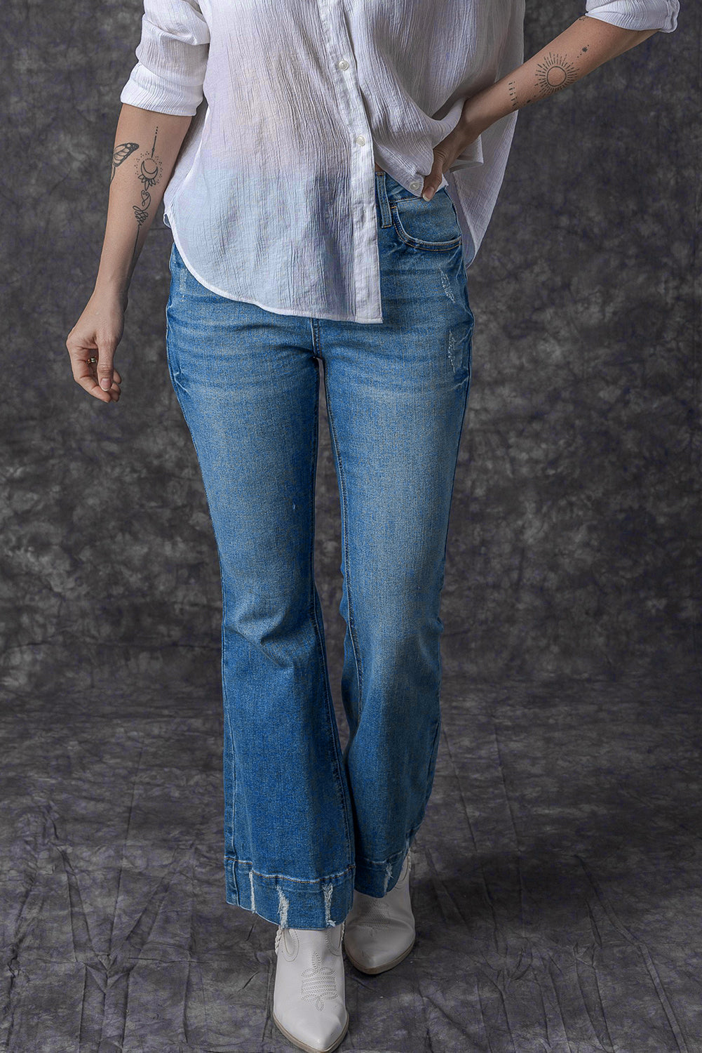 Sky Blue Slight Distressed Medium Wash Flare Jeans - Premium Bottoms from Momma Done Gone Crafty- Just $69.30! Shop now at Momma Done Gone Crafty