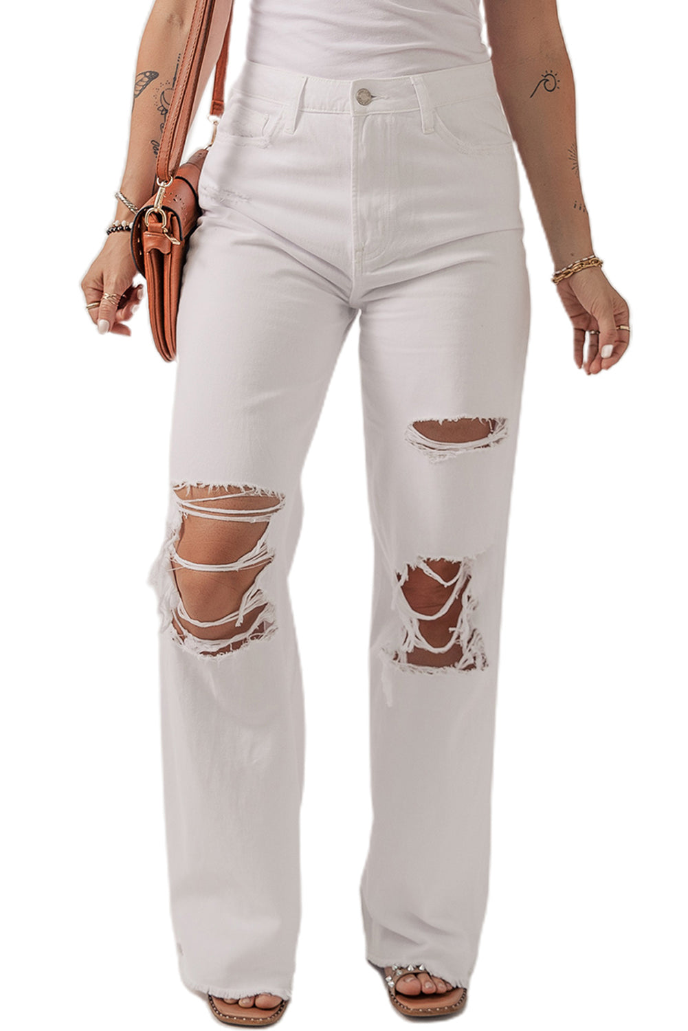 Bright White Heavy Distressed Straight Leg Jeans - Premium Bottoms/Jeans from Ashes 2 Wildflowers Boutique, LLC- Just $35.43! Shop now at Ashes 2 Wildflowers Boutique, LLC