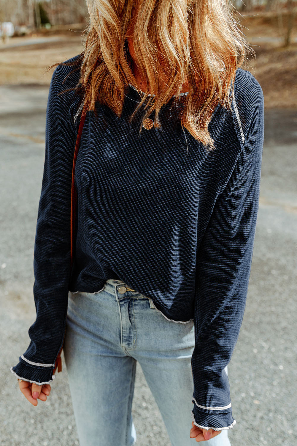Blue Textured Round Neck Long Sleeve Top - Premium Tops from Momma Done Gone Crafty- Just $13.20! Shop now at Momma Done Gone Crafty