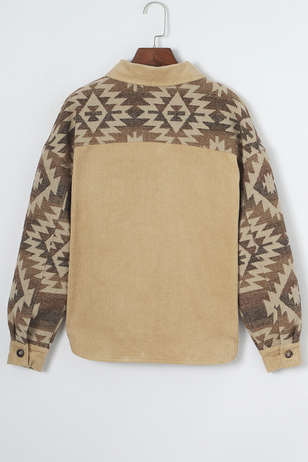 Khaki Aztec Print Patchwork Frayed Edge Corduroy Jacket - Premium Outerwear from Momma Done Gone Crafty- Just $62.70! Shop now at Momma Done Gone Crafty