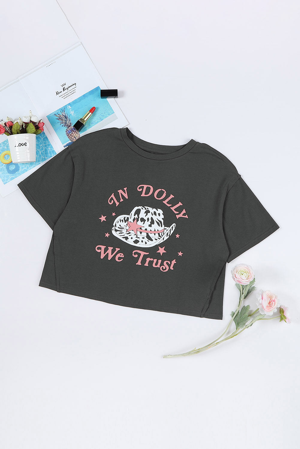 Gray WE TRUST IN DOLLY Western Fashion Graphic Tee - Premium Tops/Tops & Tees from Momma Done Gone Crafty- Just $19.99! Shop now at Momma Done Gone Crafty