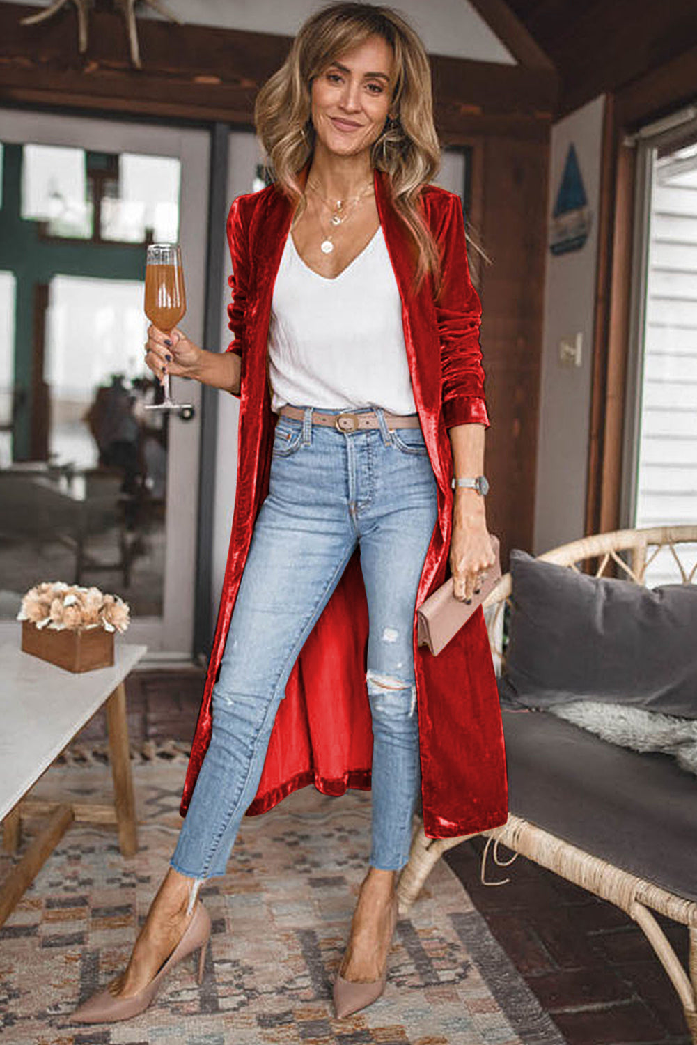 Red Velvet Open Front Pocketed Long Duster - Premium Tops from Momma Done Gone Crafty- Just $41.40! Shop now at Momma Done Gone Crafty