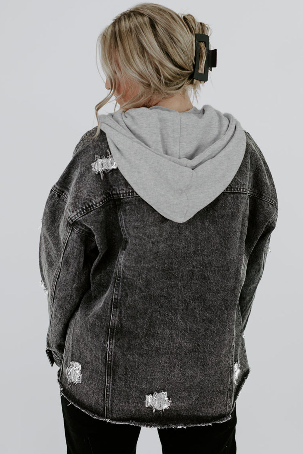 Black Drawstring Hooded Frayed Denim Jacket - Premium Outerwear from Momma Done Gone Crafty- Just $52.23! Shop now at Momma Done Gone Crafty