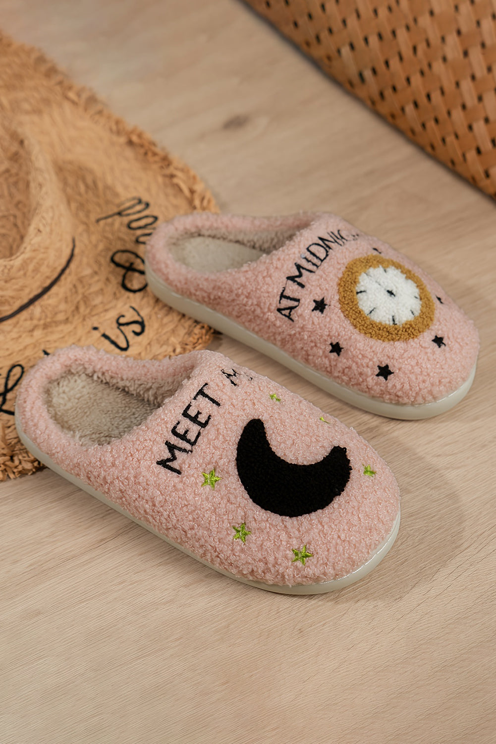 Light Pink Moon & Clock Pattern Fuzzy Home Slippers - Premium Shoes & Bags/Slippers from Momma Done Gone Crafty- Just $16.99! Shop now at Momma Done Gone Crafty