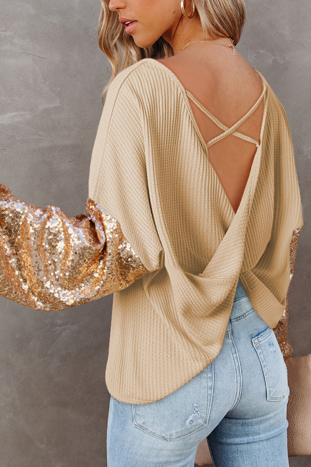 Apricot Sequin Patchwork Sleeve Open Back Waffle Knit Top - Premium Tops from Momma Done Gone Crafty- Just $40.86! Shop now at Momma Done Gone Crafty