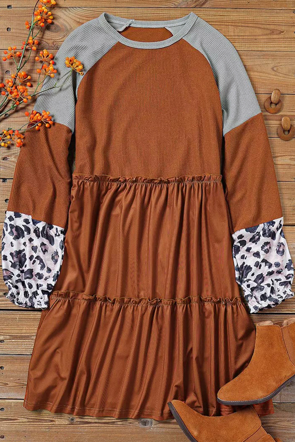 Brown Waffle Knit Leopard Patchwork Long Sleeve Dress - Premium Dresses/Mini Dresses from Momma Done Gone Crafty- Just $33! Shop now at Momma Done Gone Crafty