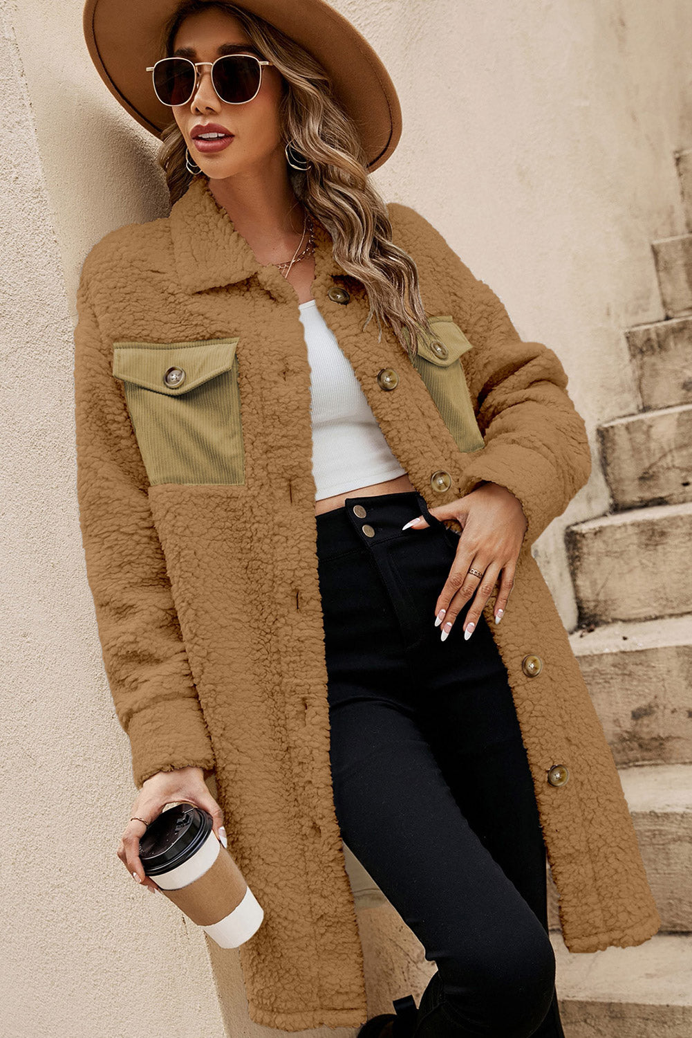 Khaki Contrast Flap Pocket Single Breasted Teddy Coat - Premium Outerwear/Coats from Momma Done Gone Crafty- Just $45.99! Shop now at Momma Done Gone Crafty