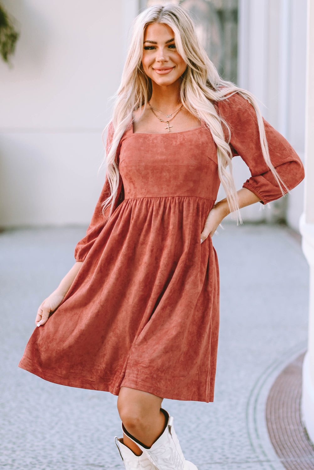 Brown Suede Square Neck Puff Sleeve Dress - Premium Dresses from Momma Done Gone Crafty- Just $44.99! Shop now at Momma Done Gone Crafty
