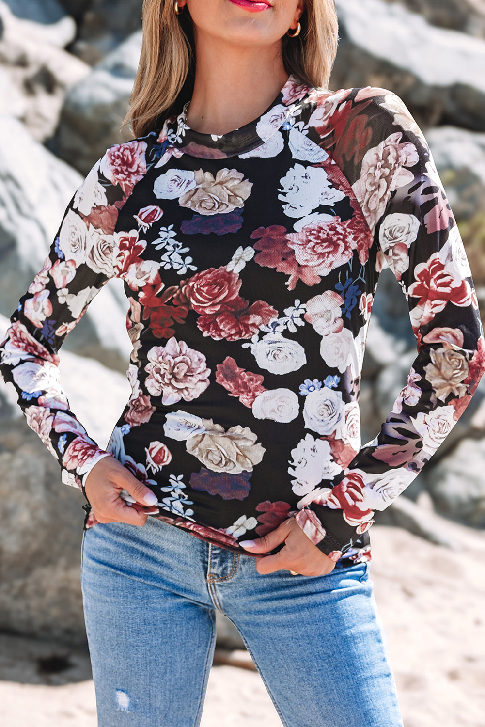 Pink Mesh Floral Print Mock Neck Long Sleeve Slim Top - Premium Tops/Long Sleeve Tops from Ashes 2 Wildflowers Boutique, LLC- Just $26.30! Shop now at Ashes 2 Wildflowers Boutique, LLC
