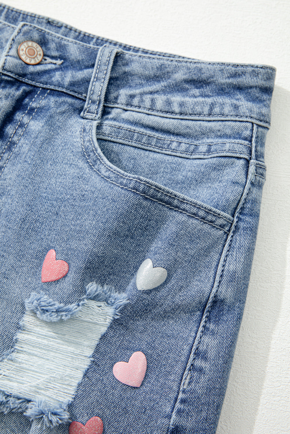Beau Blue Shimmer Heart Pattern Distressed Denim Mini Skirt - Premium Bottoms/Skirts & Petticoat from Ashes 2 Wildflowers Boutique, LLC- Just $36.90! Shop now at Ashes 2 Wildflowers Boutique, LLC