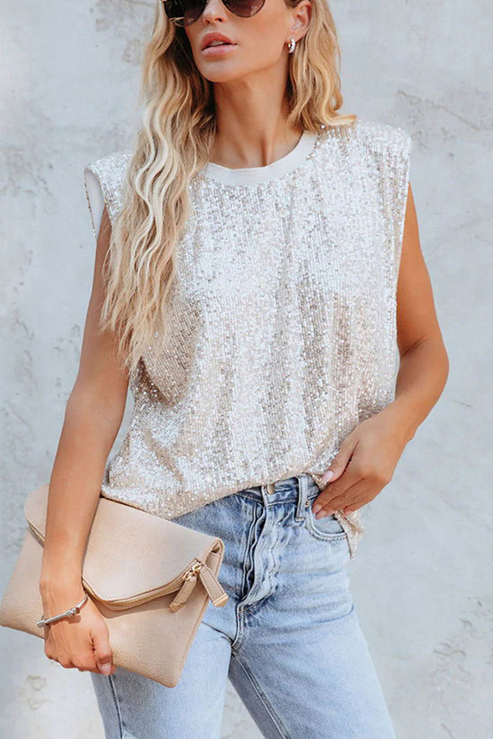 Apricot Sequin Round Neck Tank Top - Premium Tops from Momma Done Gone Crafty- Just $55.80! Shop now at Momma Done Gone Crafty