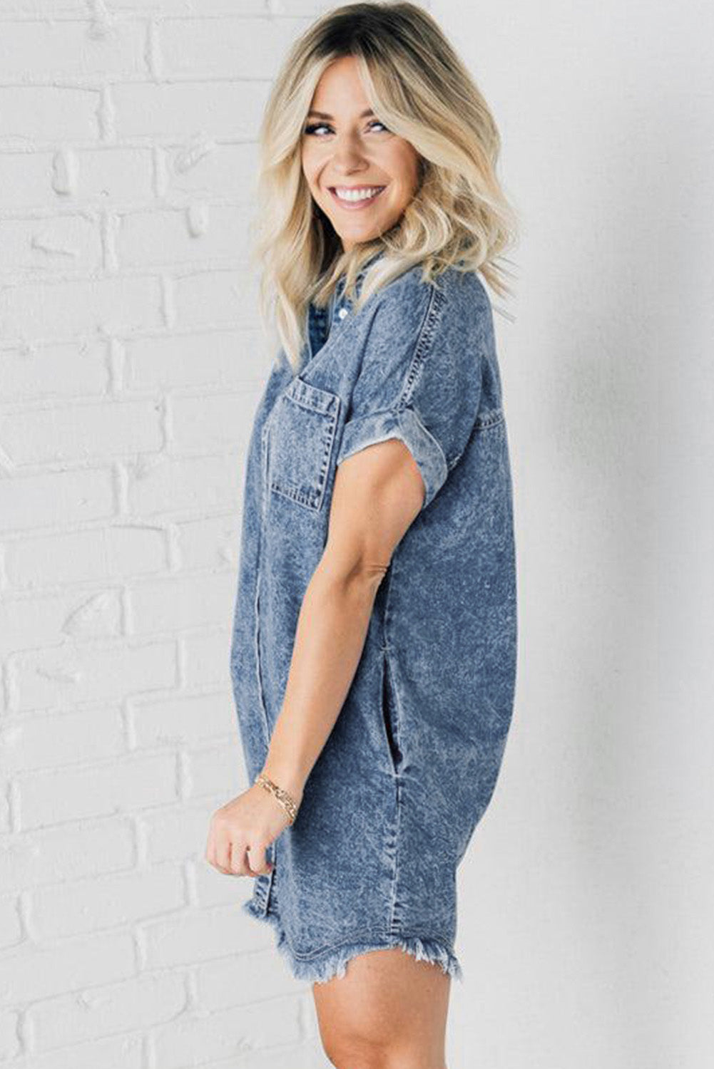 Blue Mineral Wash Cuffed Sleeve Frayed Hem Denim Dress - Premium Dresses/Mini Dresses from Momma Done Gone Crafty- Just $55! Shop now at Momma Done Gone Crafty