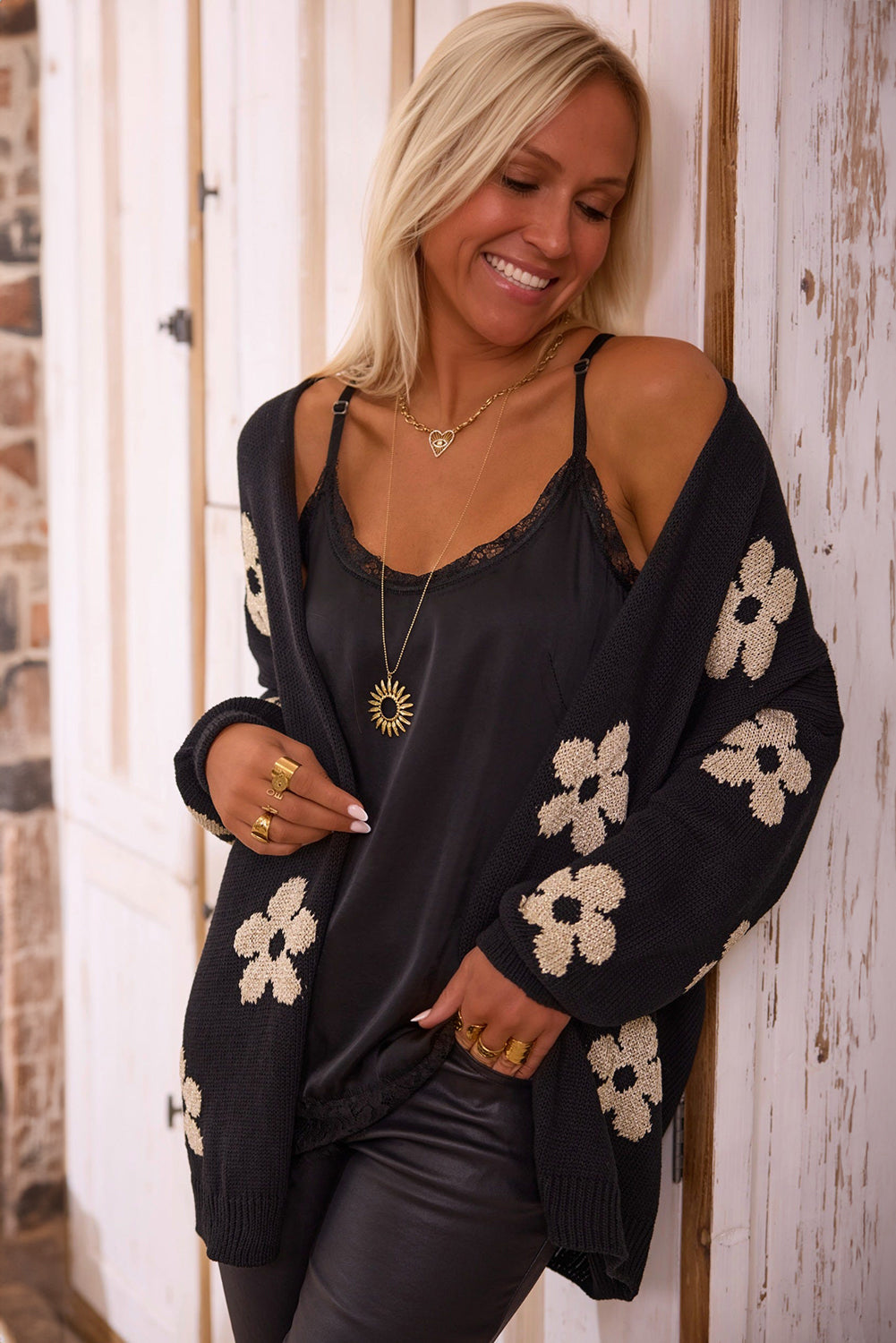 Black Floral Print Knitted Open Front Loose Cardigan - Premium Sweaters & Cardigans/Cardigans from Ashes 2 Wildflowers Boutique, LLC- Just $36.35! Shop now at Ashes 2 Wildflowers Boutique, LLC