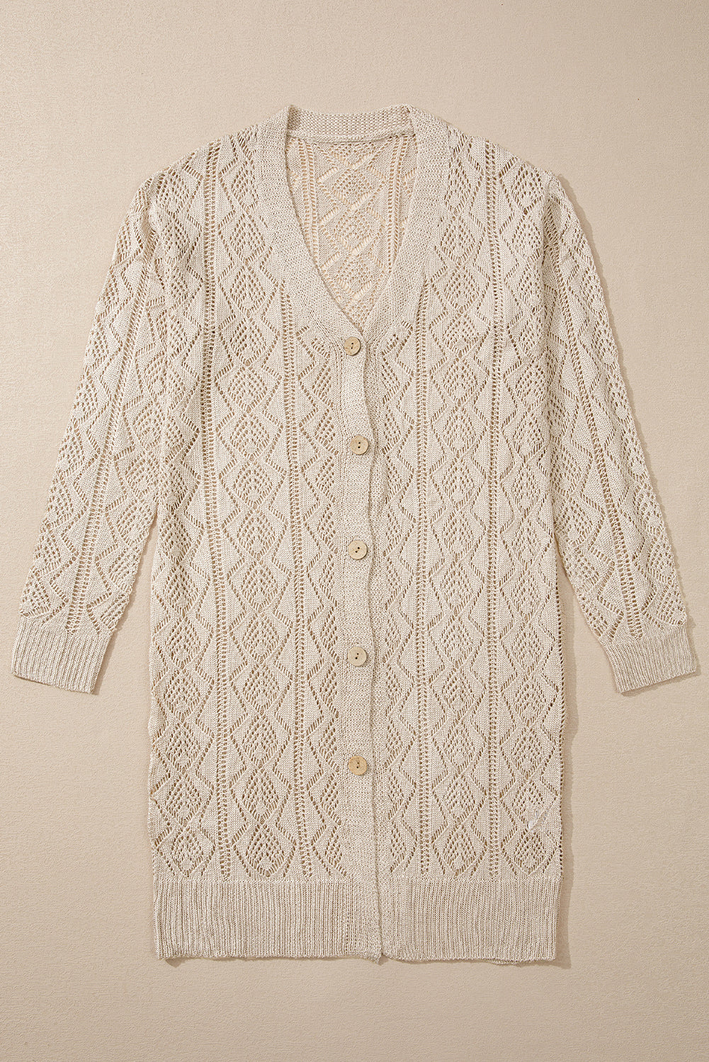 Parchment Hollow Out Buttons Front Long Cardigan - Premium Sweaters & Cardigans/Cardigans from Momma Done Gone Crafty- Just $49.99! Shop now at Momma Done Gone Crafty