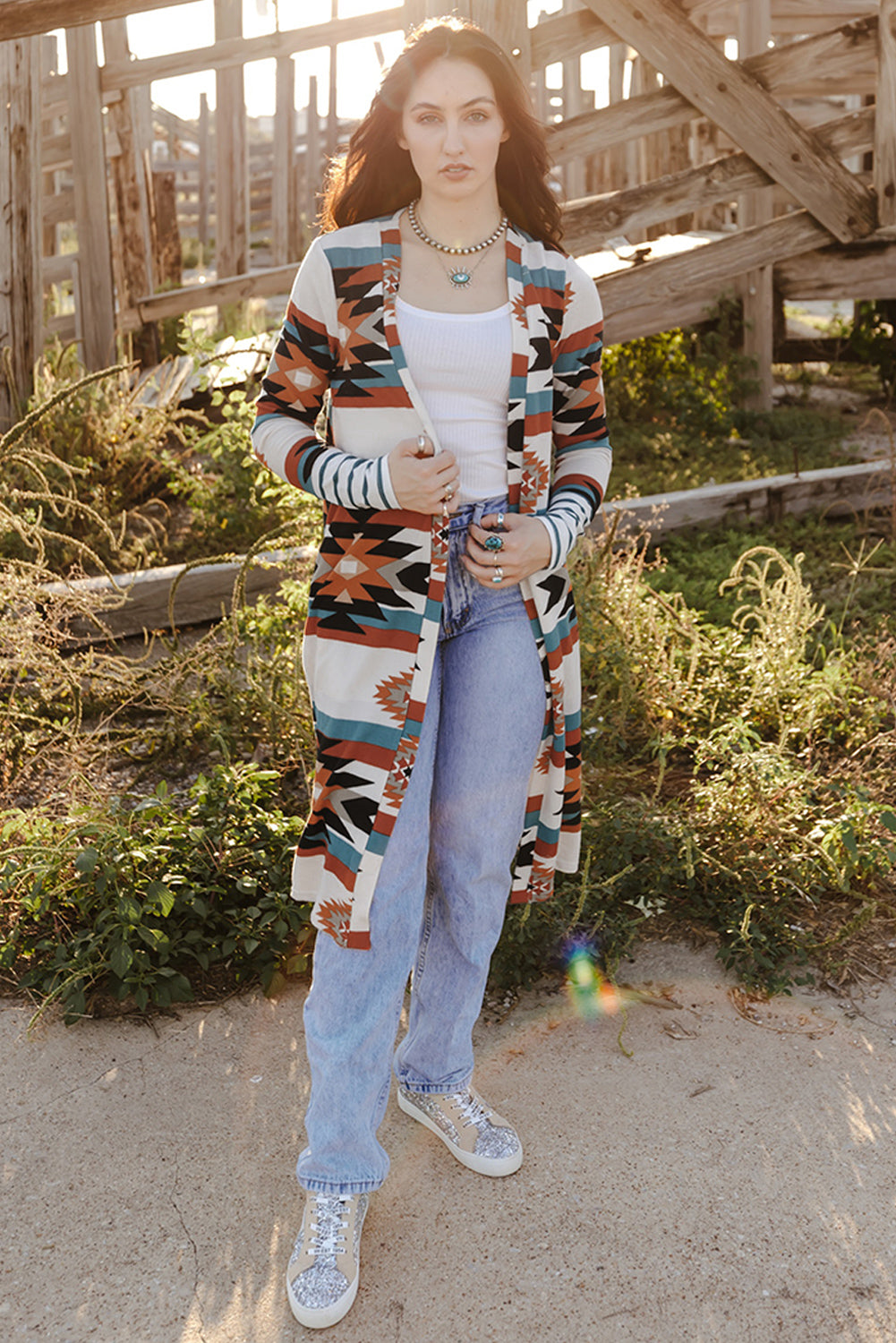 Multicolor Geometric Color Block Open Front Long Cardigan - Premium Tops from Momma Done Gone Crafty- Just $32.94! Shop now at Momma Done Gone Crafty