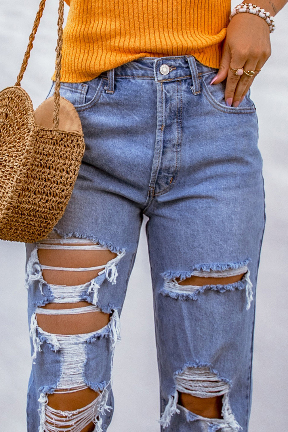 Sky Blue Heavy Destroyed Big Hole Boyfriend Jeans - Premium Bottoms from Momma Done Gone Crafty- Just $55.99! Shop now at Momma Done Gone Crafty