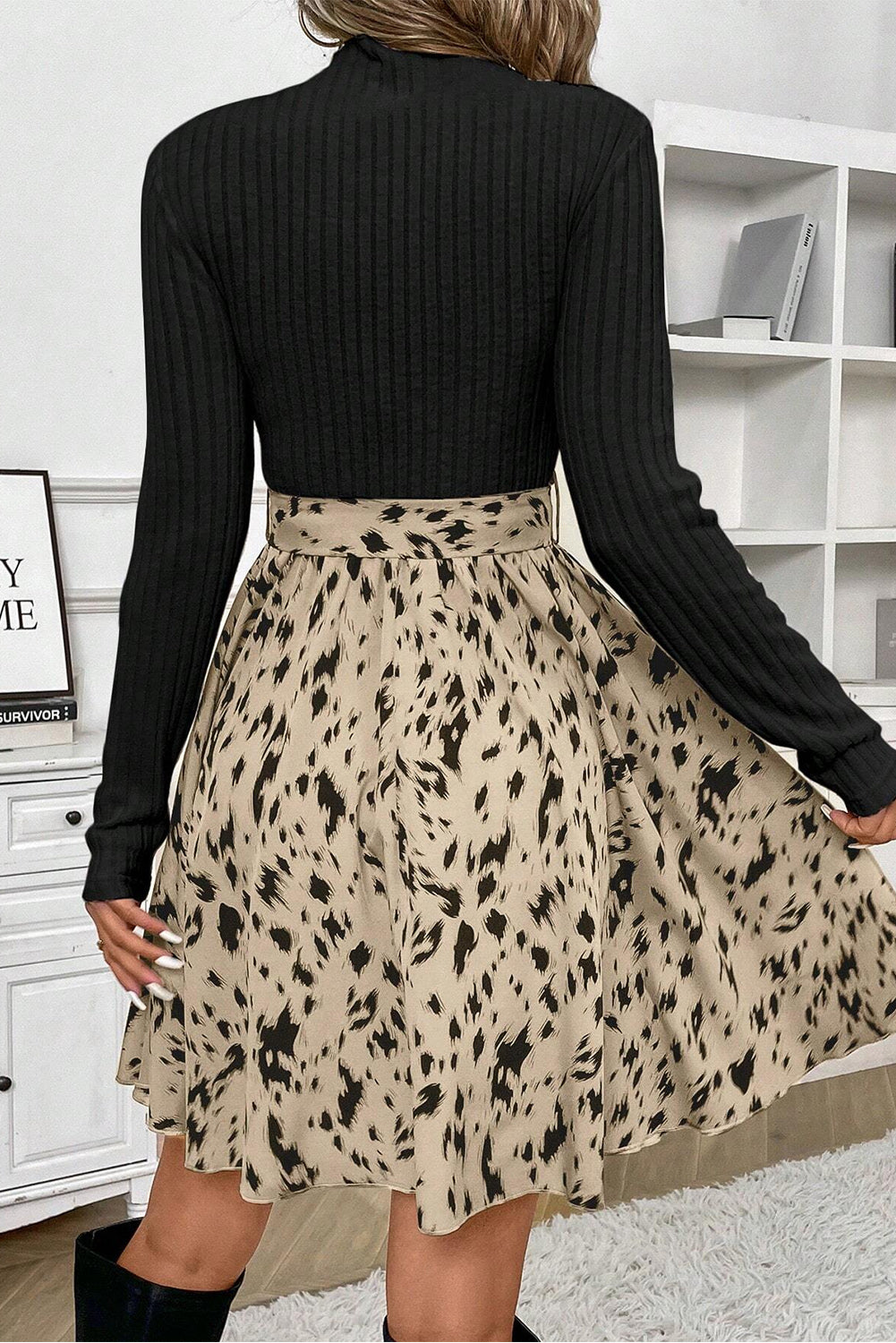 Black Ribbed Knit Patchwork Printed Belted A-line Dress - Premium Dresses/Mini Dresses from Momma Done Gone Crafty- Just $45.99! Shop now at Momma Done Gone Crafty
