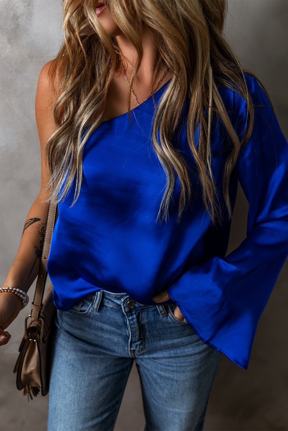 Dark Blue Asymmetric One Shoulder Bell Sleeve Satin Blouse - Premium Tops/Blouses & Shirts from Momma Done Gone Crafty- Just $14.10! Shop now at Momma Done Gone Crafty