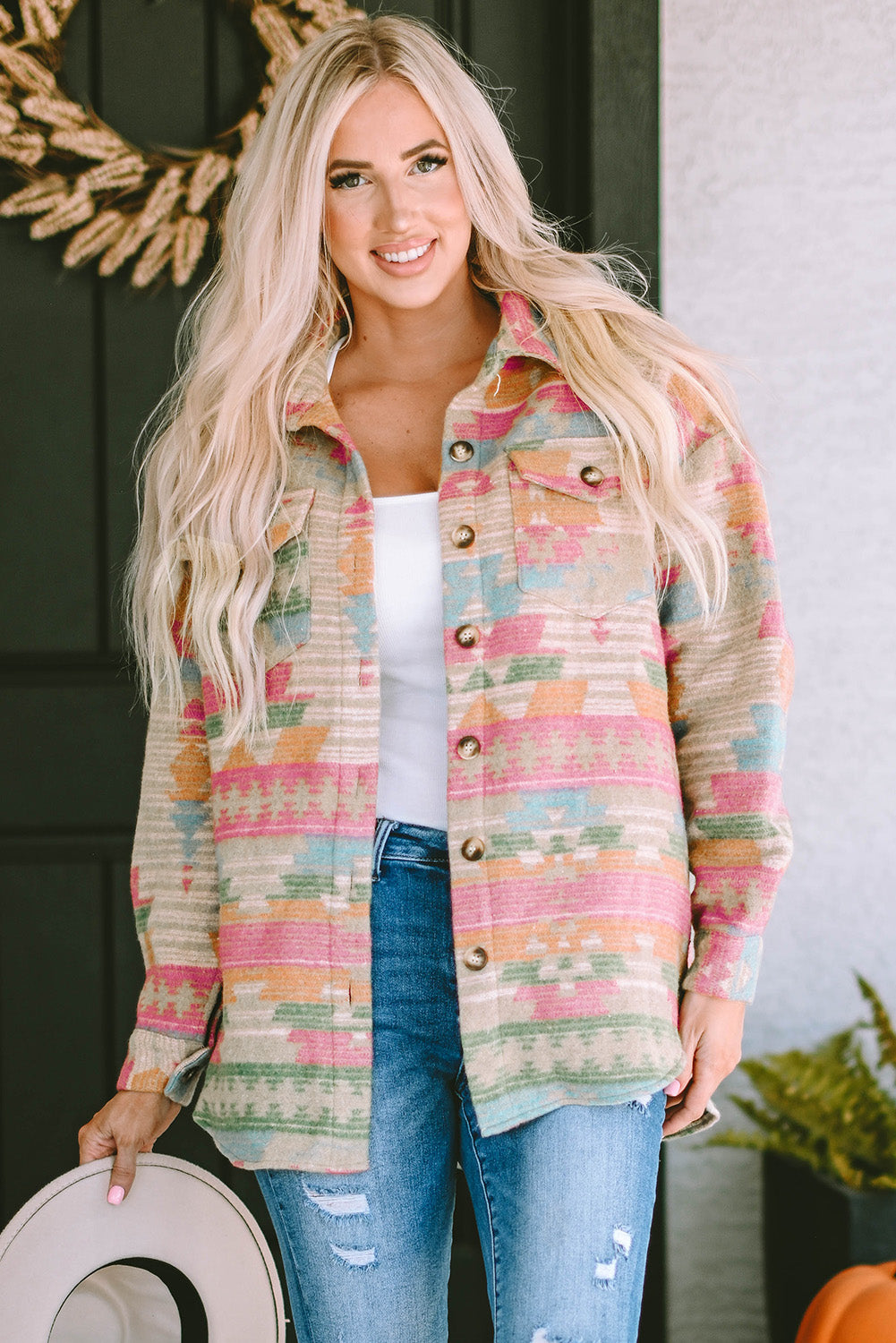 Multicolor Western Aztec Print Button Flap Pocket Shacket - Premium Outerwear from Ashes 2 Wildflowers Boutique, LLC- Just $48.99! Shop now at Ashes 2 Wildflowers Boutique, LLC