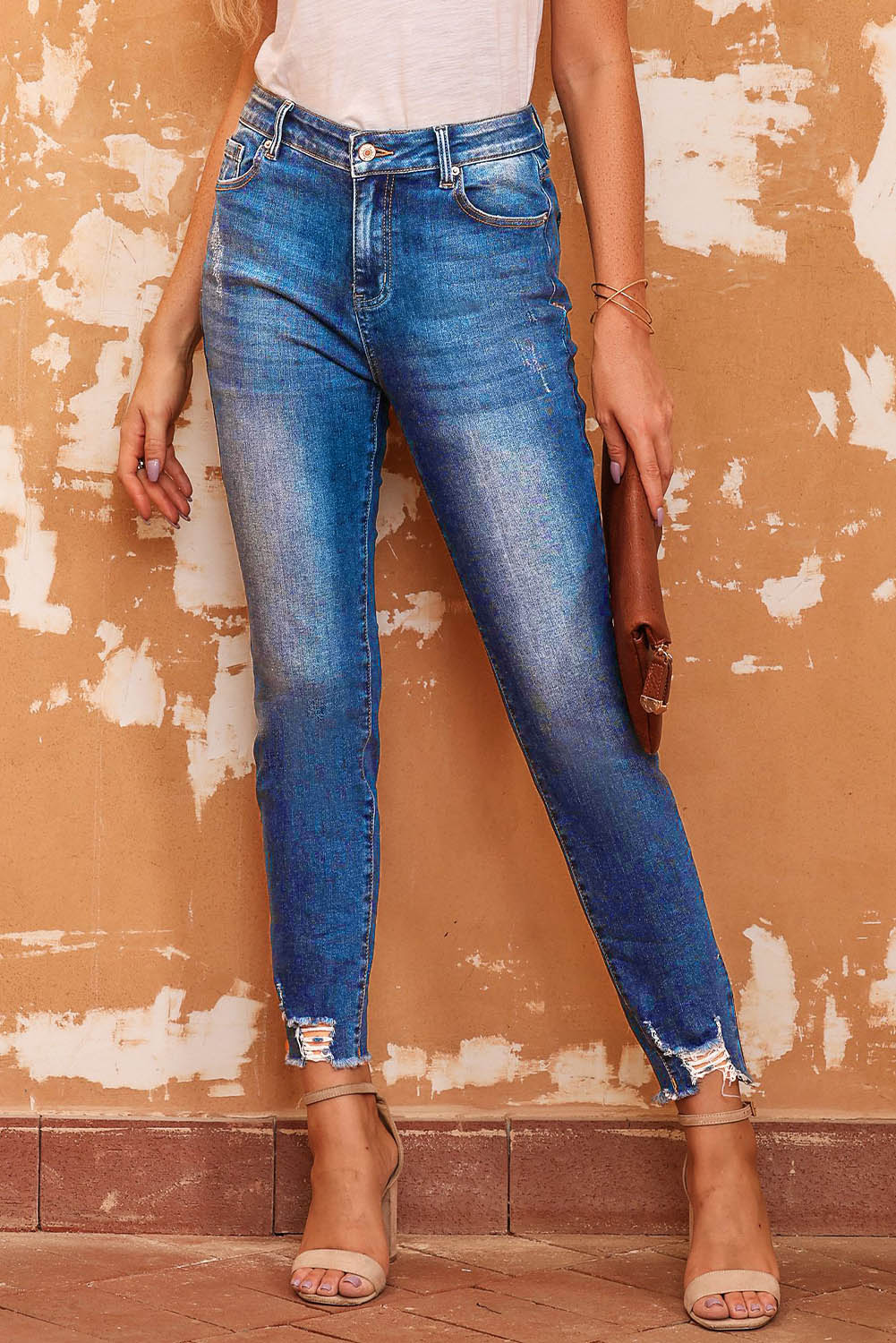 Blue Raw Hem Ankle-length Skinny Jeans - Premium Bottoms from Momma Done Gone Crafty- Just $60.99! Shop now at Momma Done Gone Crafty
