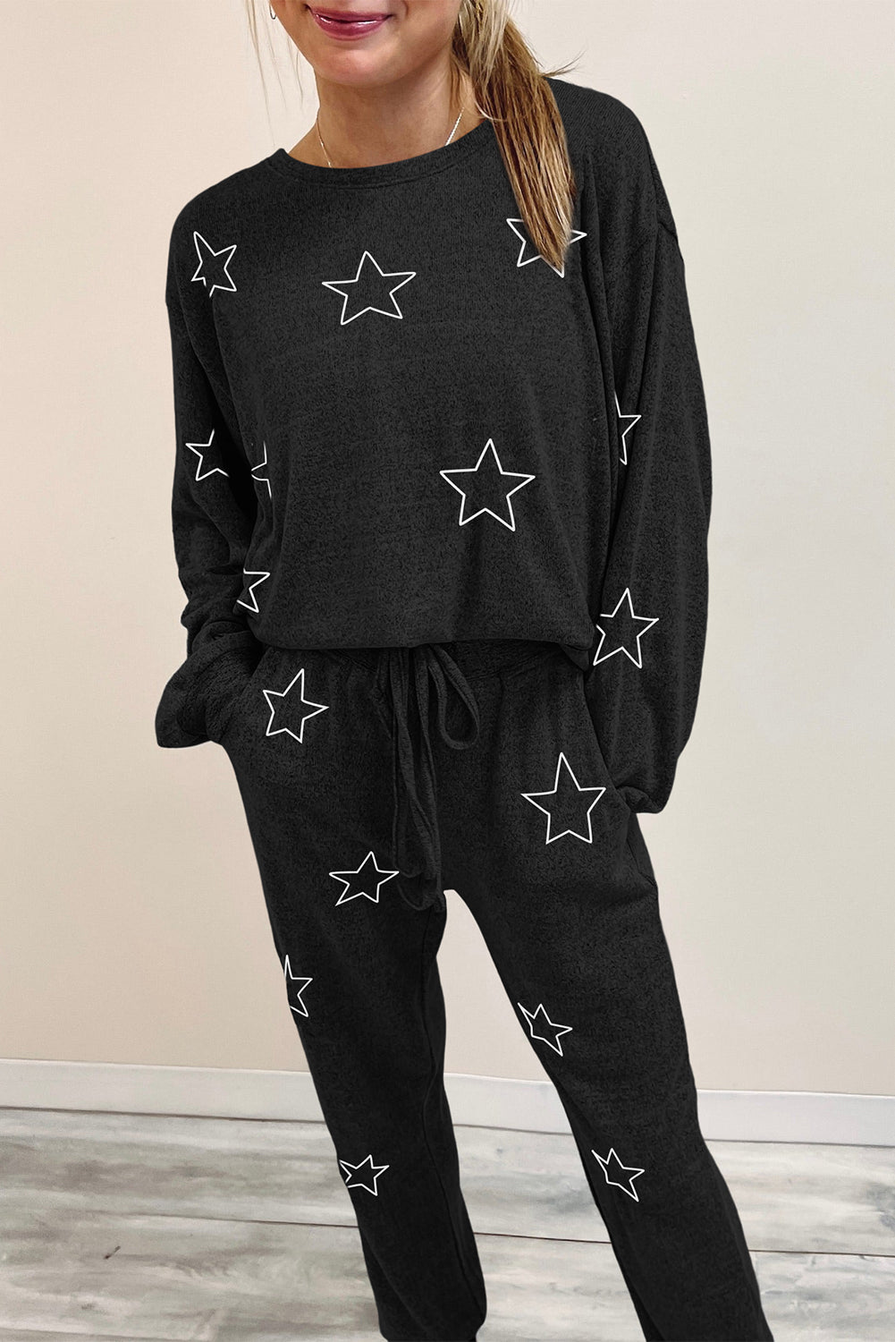 Black Stars Print Long Sleeve Drawstring High Waist Lounge Set - Premium Loungewear from Momma Done Gone Crafty- Just $34.50! Shop now at Momma Done Gone Crafty