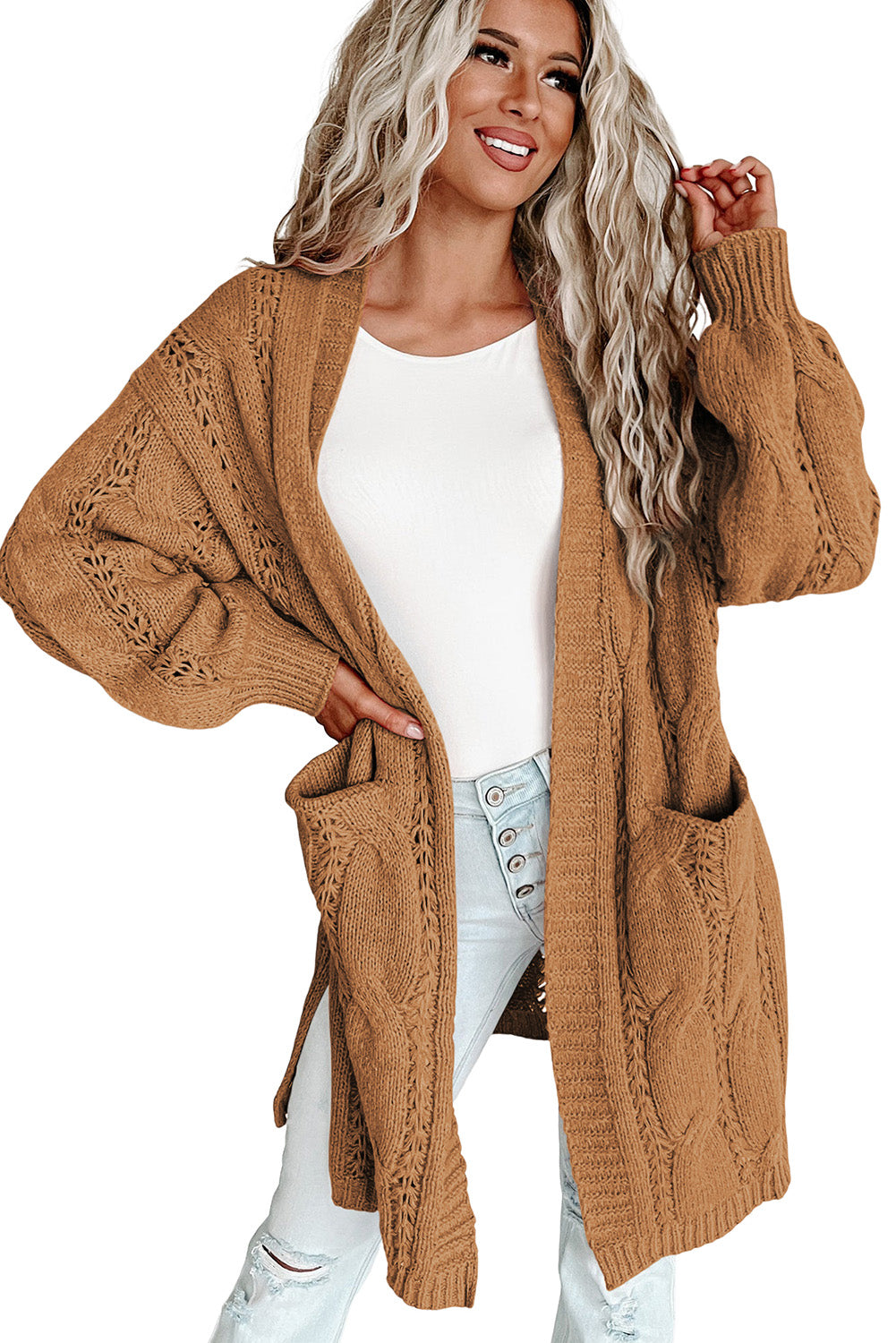 Khaki Ribbed Trim Eyelet Cable Knit Cardigan - Premium Tops from Momma Done Gone Crafty- Just $41.70! Shop now at Momma Done Gone Crafty