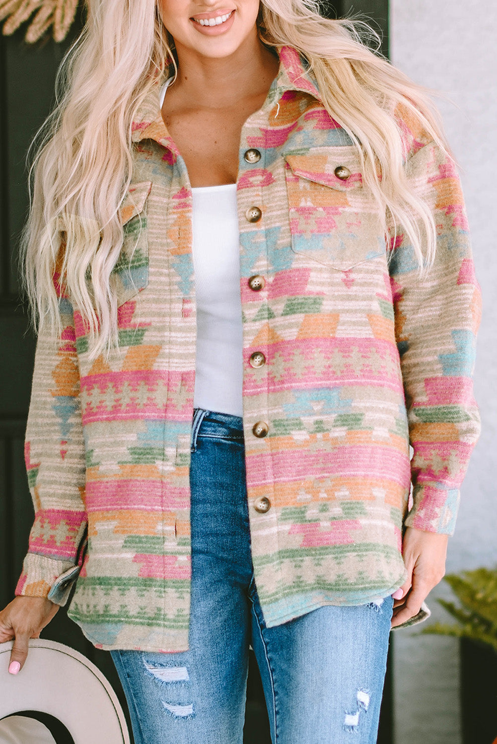 Multicolor Western Aztec Print Button Flap Pocket Shacket - Premium Outerwear from Ashes 2 Wildflowers Boutique, LLC- Just $48.99! Shop now at Ashes 2 Wildflowers Boutique, LLC
