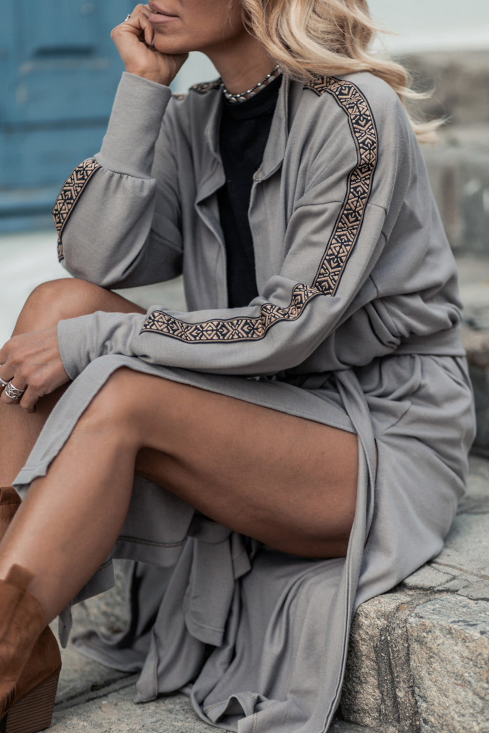 Medium Grey Aztec Accent Side Slit Open Front Long Cardigan - Premium Sweaters & Cardigans/Cardigans from Momma Done Gone Crafty- Just $33! Shop now at Momma Done Gone Crafty