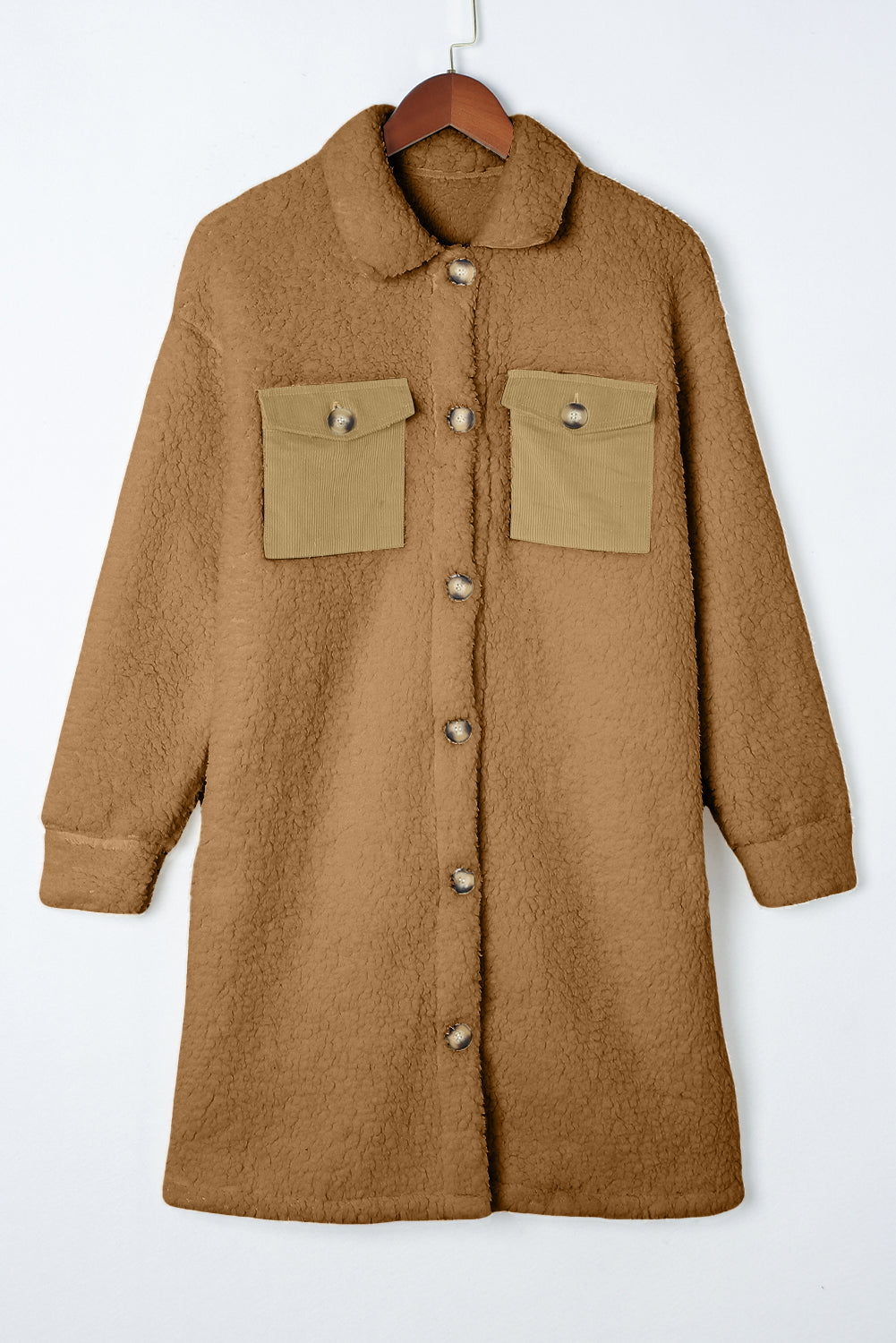 Khaki Contrast Flap Pocket Single Breasted Teddy Coat - Premium Outerwear/Coats from Momma Done Gone Crafty- Just $45.99! Shop now at Momma Done Gone Crafty