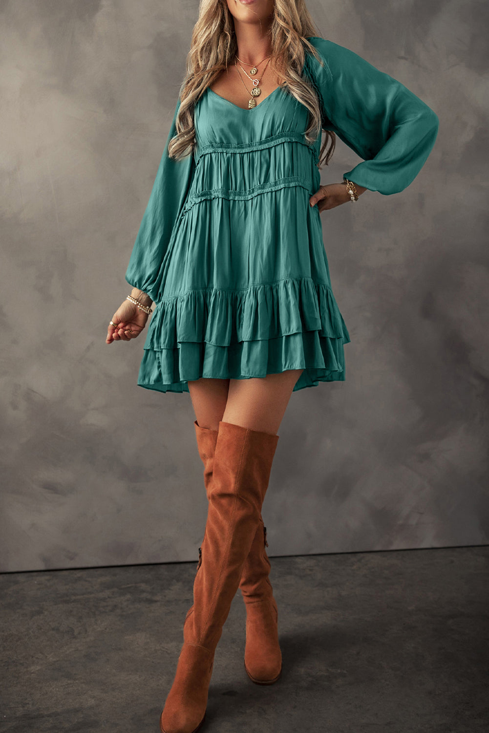 Mist Green Tiered Ruffled Puff Sleeve Loose Fit Mini Dress - Premium Dresses/Mini Dresses from Ashes 2 Wildflowers Boutique, LLC- Just $69.99! Shop now at Ashes 2 Wildflowers Boutique, LLC