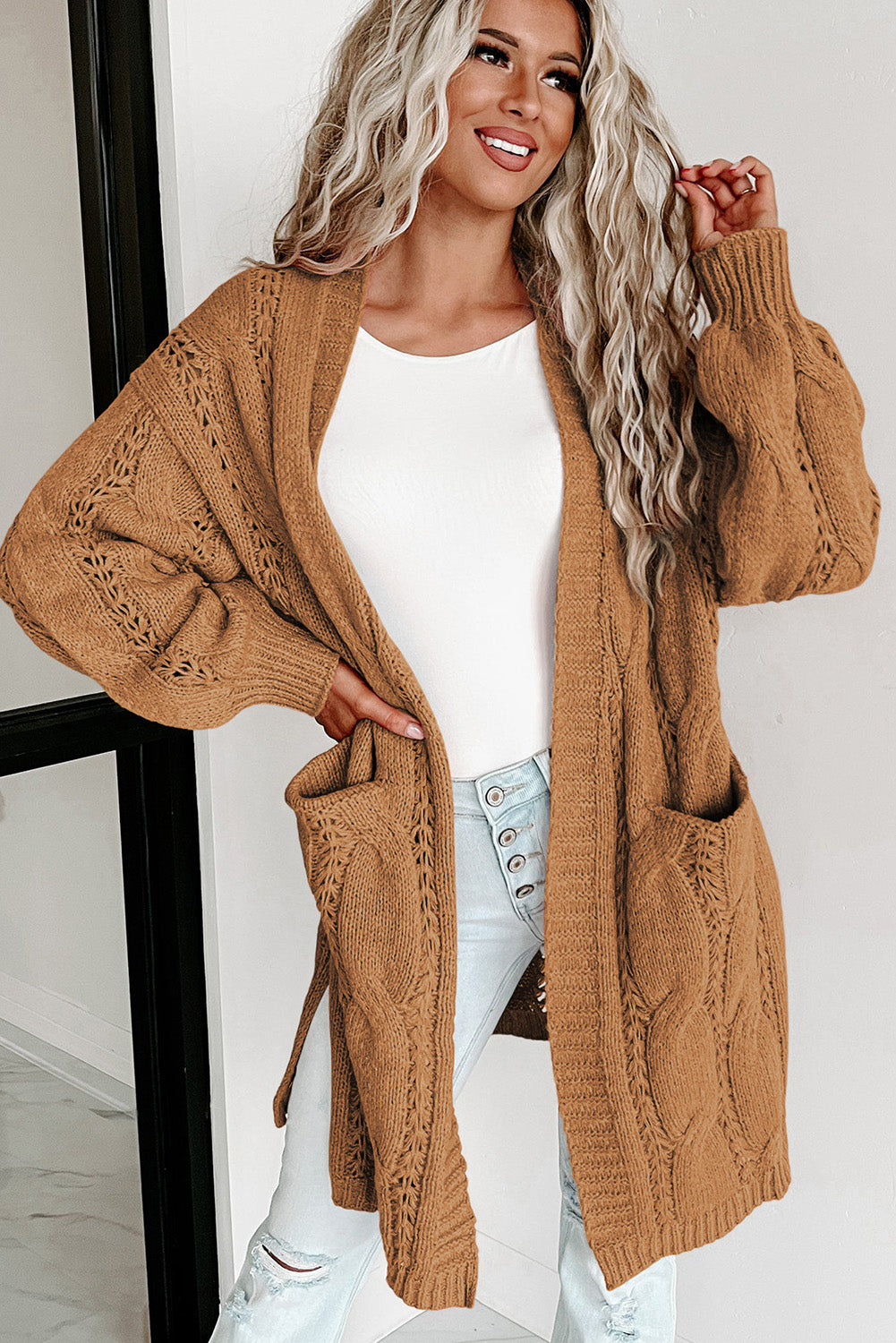 Khaki Ribbed Trim Eyelet Cable Knit Cardigan - Premium Tops from Momma Done Gone Crafty- Just $41.70! Shop now at Momma Done Gone Crafty