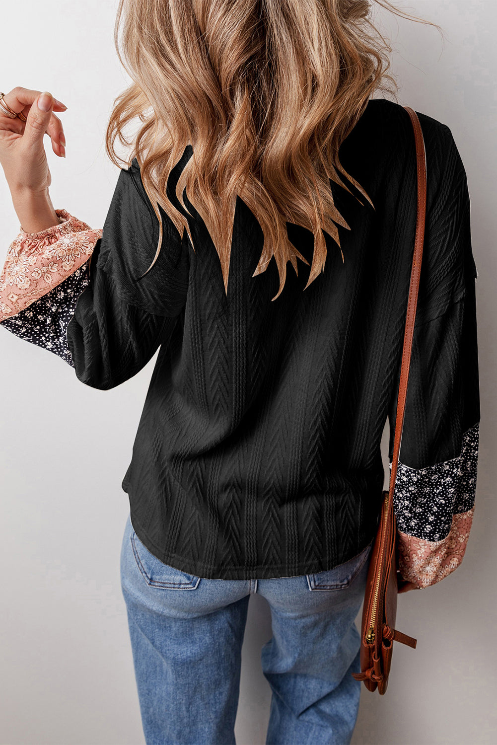 Black Floral Patchwork Textured Knit Drawstring V Neck Blouse - Premium Tops/Blouses & Shirts from Ashes 2 Wildflowers Boutique, LLC- Just $18.55! Shop now at Ashes 2 Wildflowers Boutique, LLC