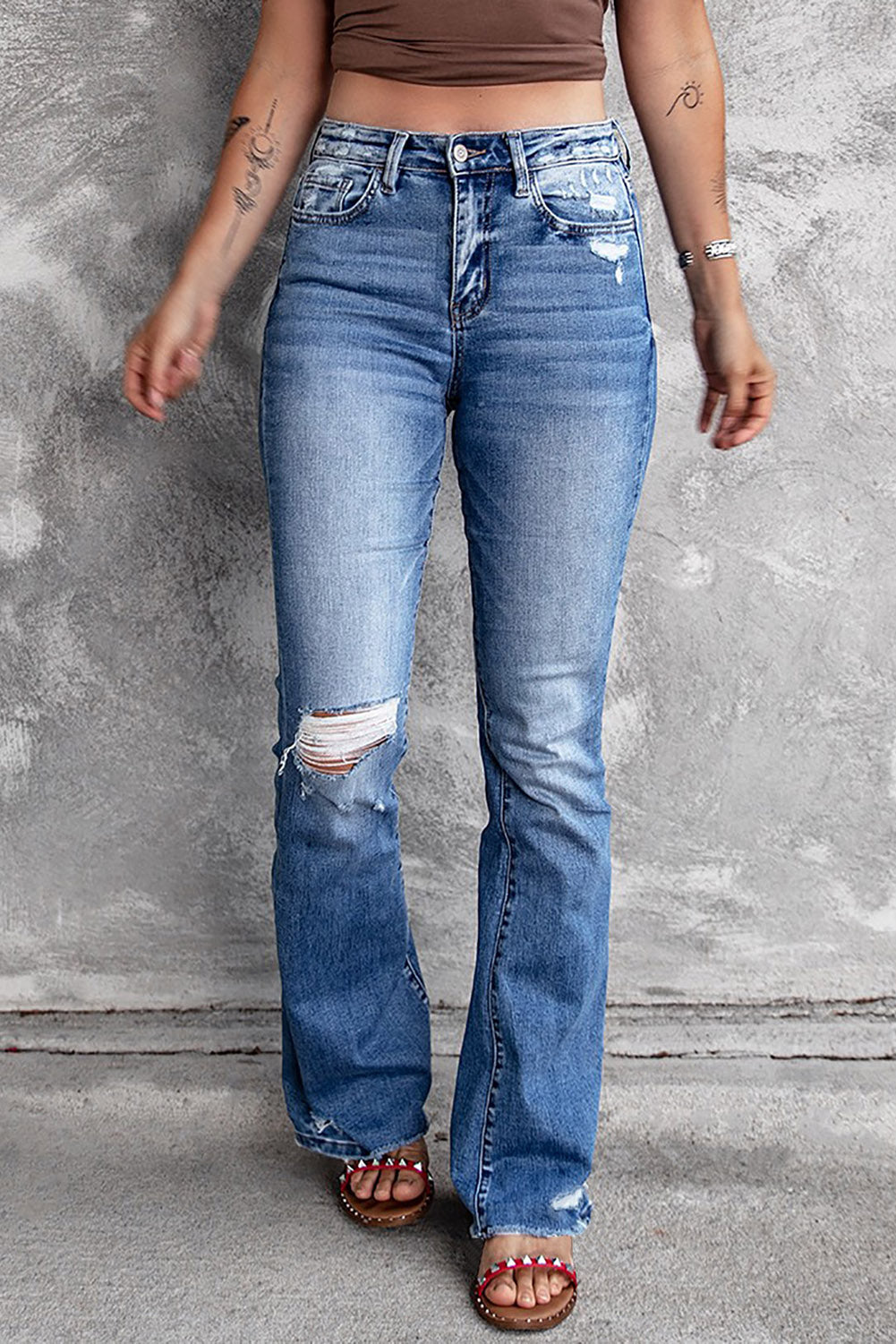 Blue Distressed Flare Jeans - Premium Bottoms from Momma Done Gone Crafty- Just $55.99! Shop now at Momma Done Gone Crafty