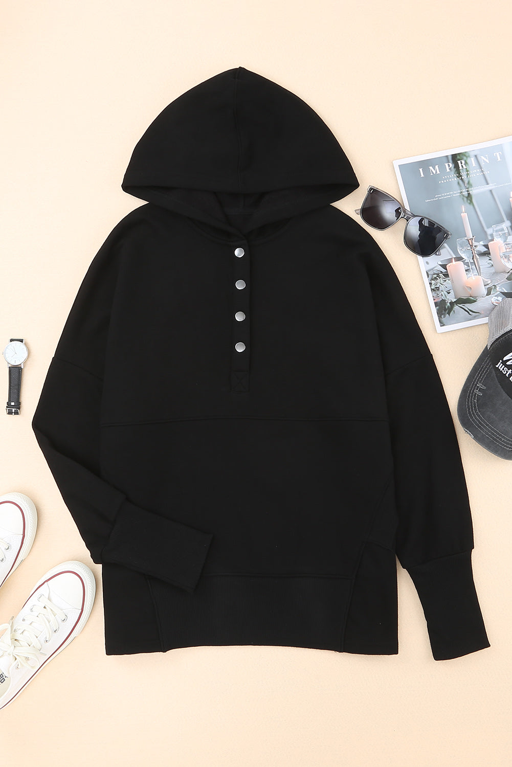 Black Batwing Sleeve Pocketed Henley Hoodie - Premium Tops from Momma Done Gone Crafty- Just $38.40! Shop now at Momma Done Gone Crafty