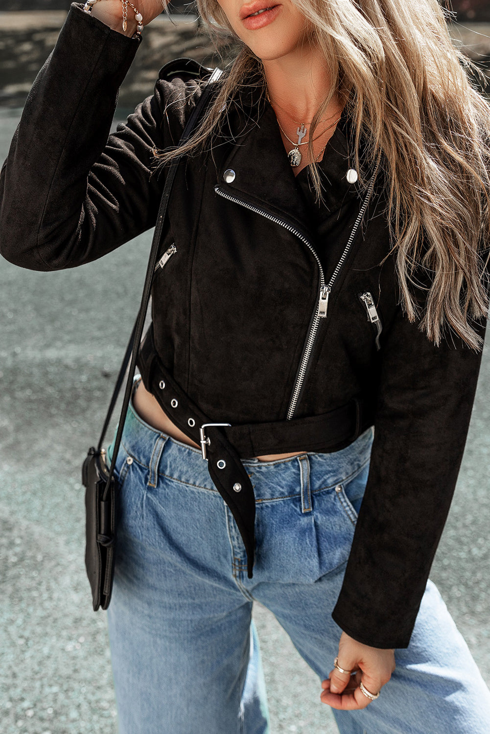 Black Asymmetric Zipper Belted Hem Jacket - Premium Outerwear/Jackets from Ashes 2 Wildflowers Boutique, LLC- Just $50.94! Shop now at Ashes 2 Wildflowers Boutique, LLC
