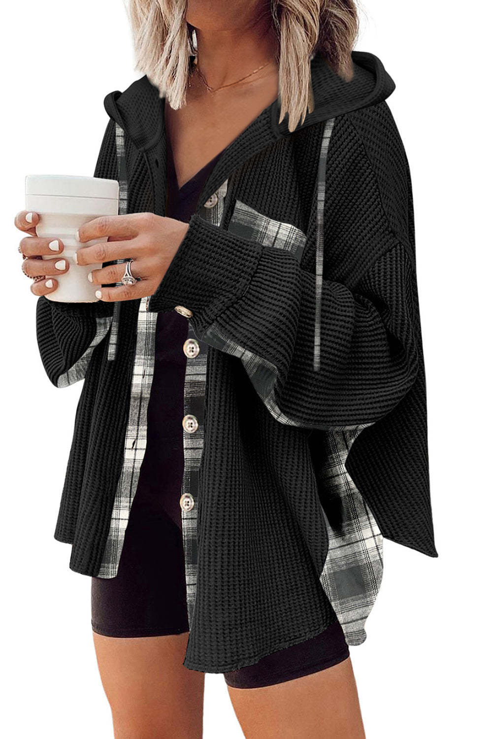 Black Waffle Knit Plaid Patchwork Drawstring Hooded Shacket - Premium Outerwear/Jackets from Ashes 2 Wildflowers Boutique, LLC- Just $37.02! Shop now at Ashes 2 Wildflowers Boutique, LLC