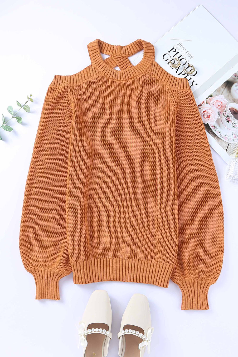 Brown Crew Neck Cold Shoulder Hollow-out Back Sweater - Premium Tops from Momma Done Gone Crafty- Just $58.80! Shop now at Momma Done Gone Crafty