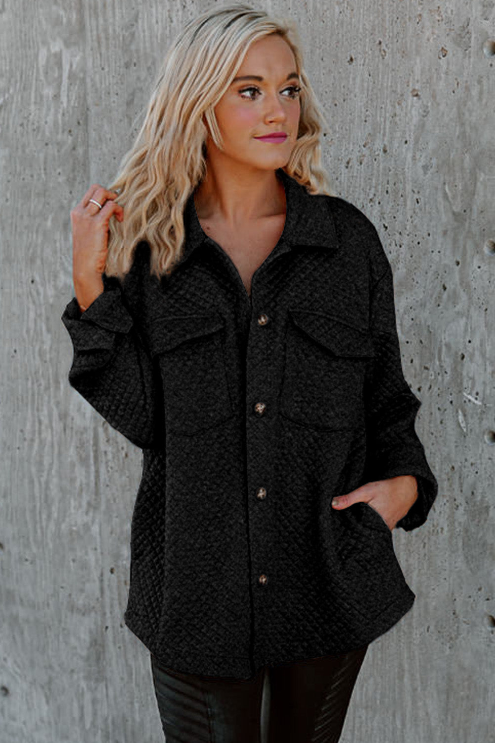 Black Lattice Texture Retro Flap Pocket Button Shacket - Premium Outerwear from Momma Done Gone Crafty- Just $59.10! Shop now at Momma Done Gone Crafty