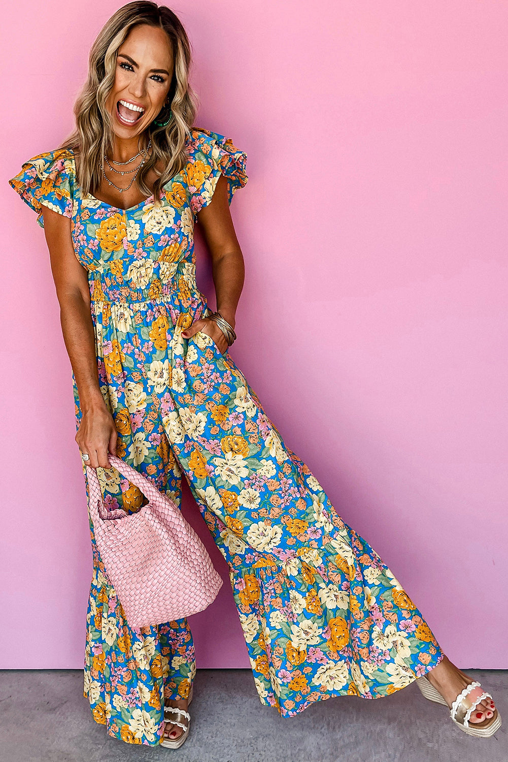 Yellow Floral Allover Print Shirred Cut Out High Waist Jumpsuit - Premium Bottoms/Jumpsuits & Rompers from Ashes 2 Wildflowers Boutique, LLC- Just $35.55! Shop now at Ashes 2 Wildflowers Boutique, LLC