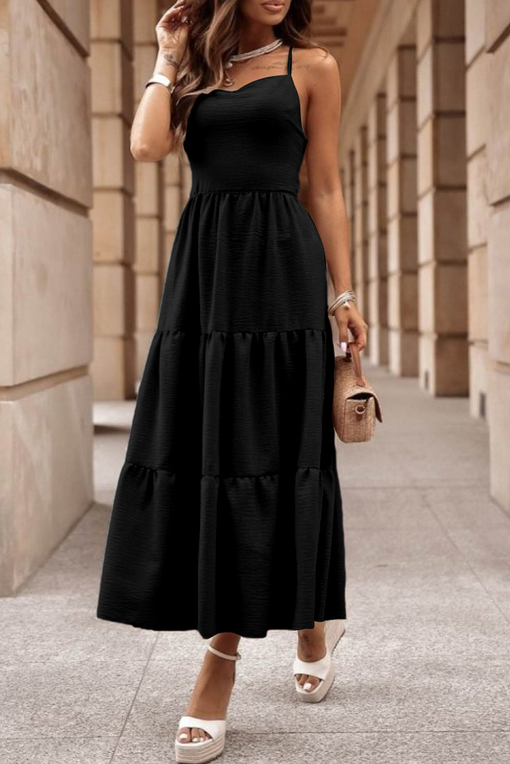 Black Crossover Backless Bodice Tiered Maxi Dress - Premium Dresses/Maxi Dresses from Momma Done Gone Crafty- Just $30.90! Shop now at Momma Done Gone Crafty