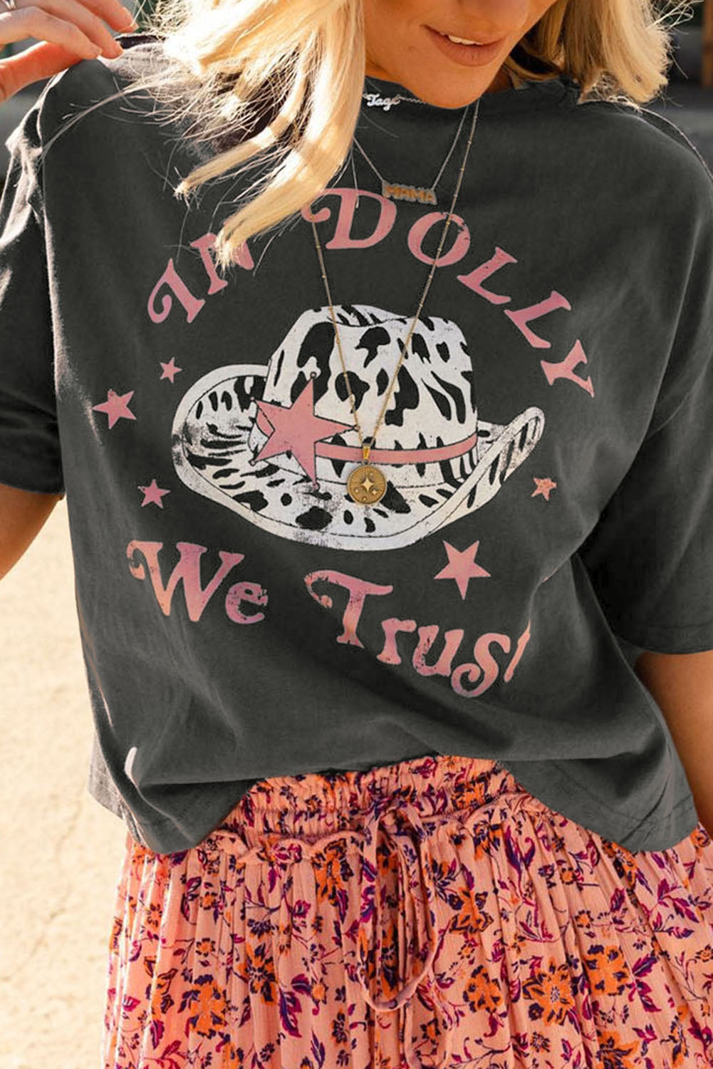 Gray WE TRUST IN DOLLY Western Fashion Graphic Tee - Premium Tops/Tops & Tees from Momma Done Gone Crafty- Just $19.99! Shop now at Momma Done Gone Crafty