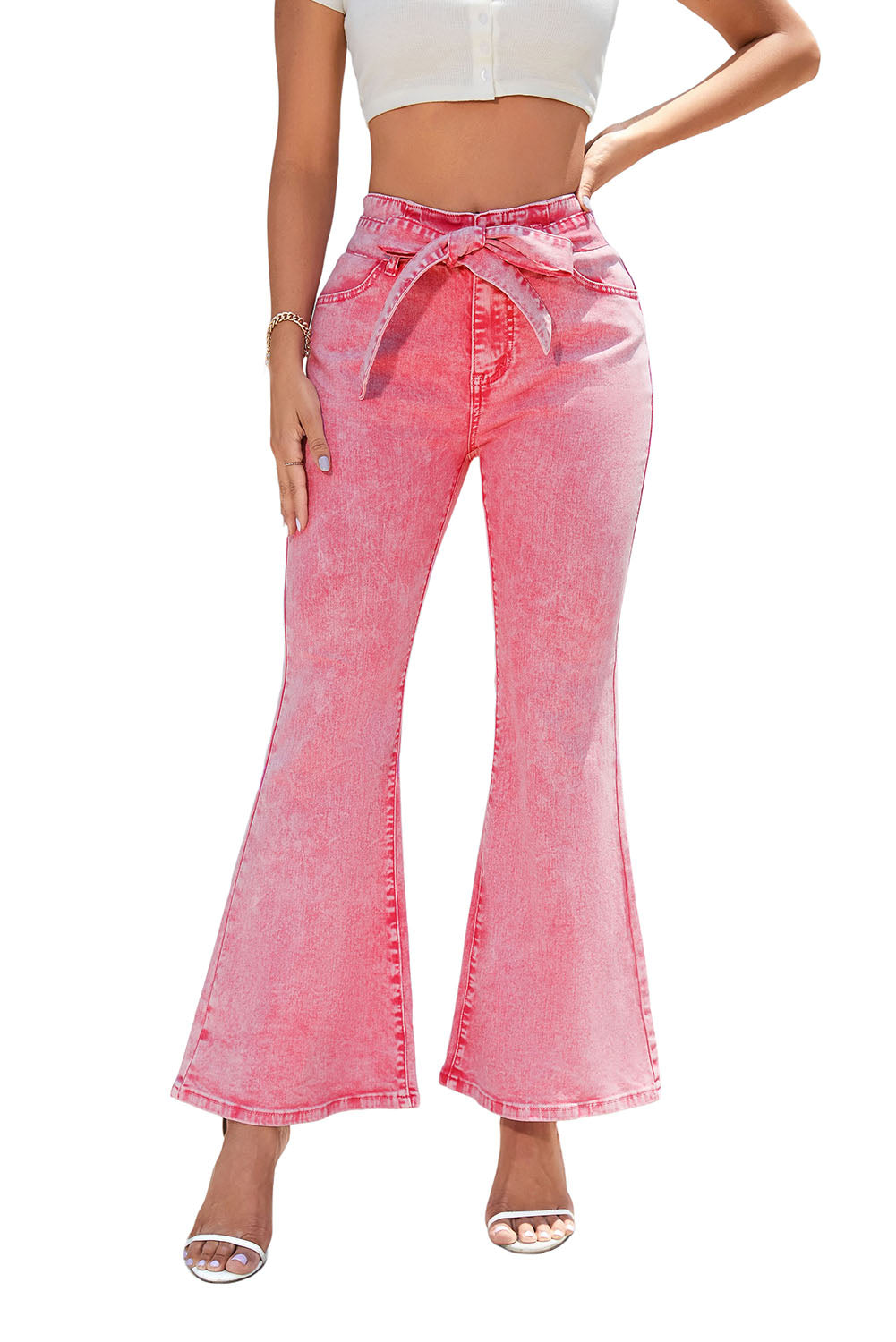 Pink Flare Leg High Waist Front Knot Casual Jeans - Premium Bottoms from Momma Done Gone Crafty- Just $74.40! Shop now at Momma Done Gone Crafty