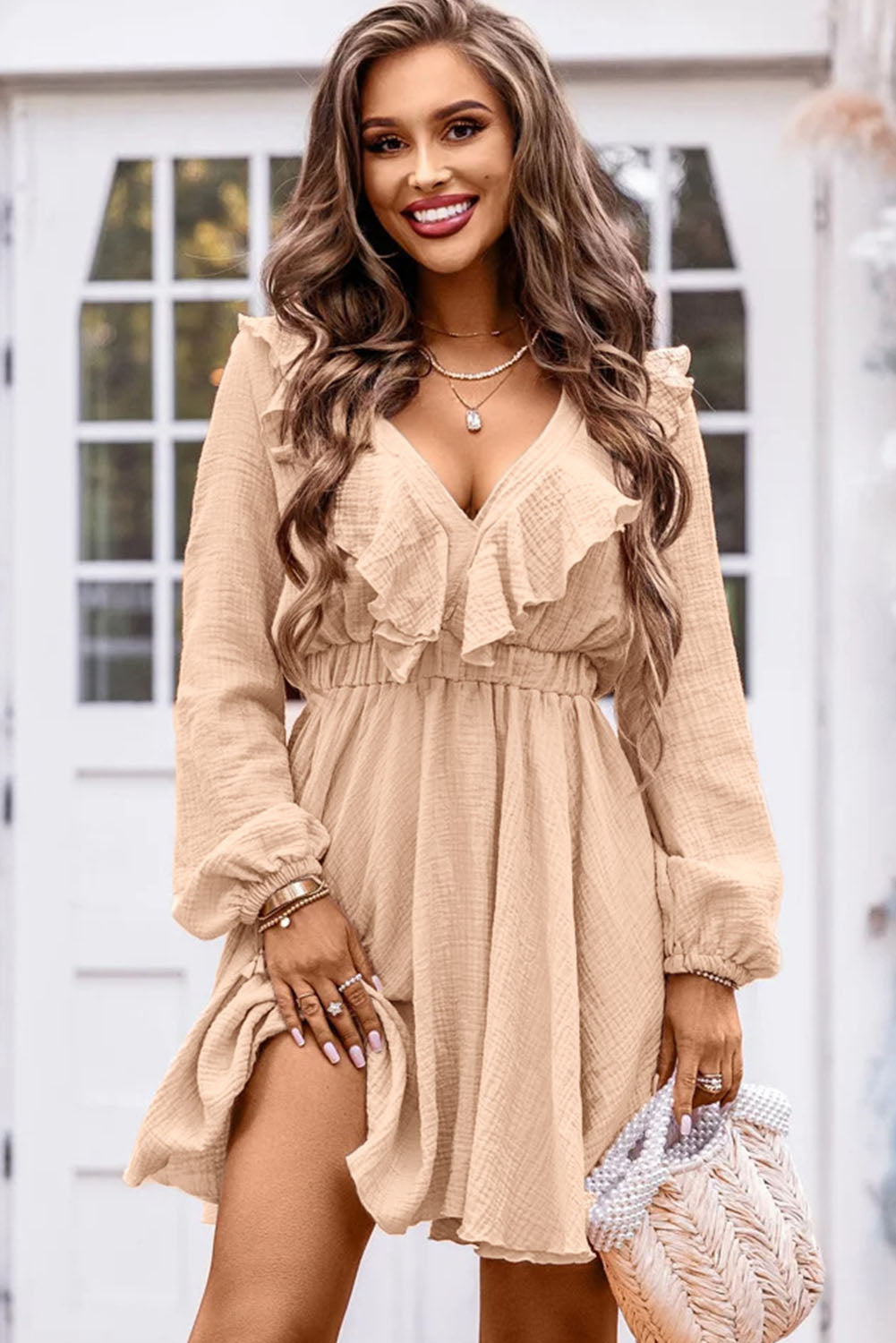 Khaki Textured Ruffled V Neck High Waist Mini Dress - Premium Dresses from Momma Done Gone Crafty- Just $63.60! Shop now at Momma Done Gone Crafty
