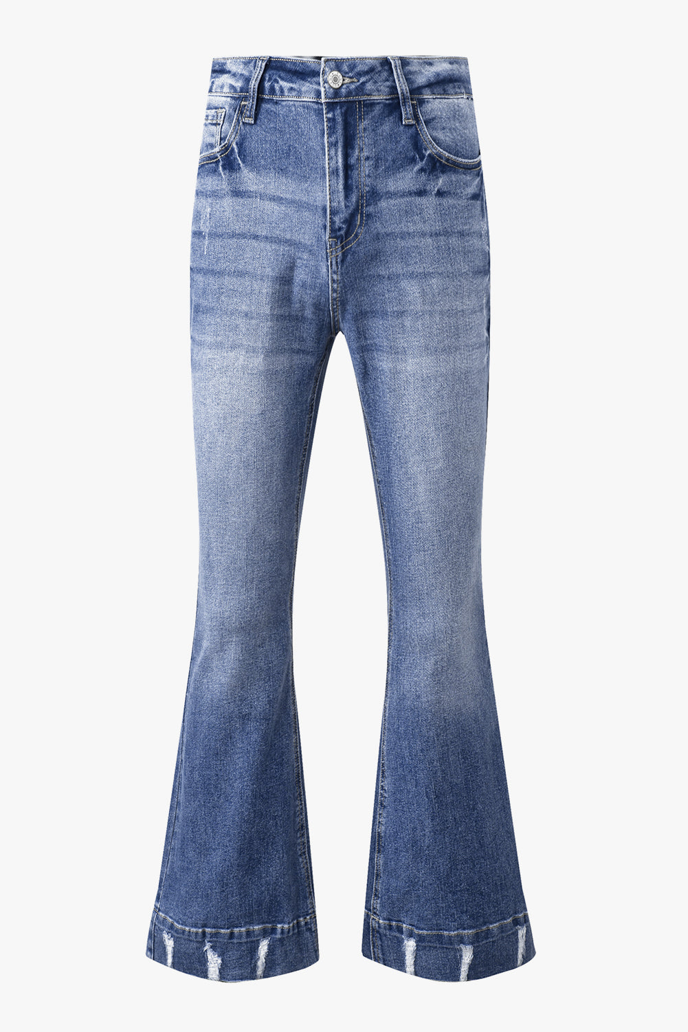 Sky Blue Slight Distressed Medium Wash Flare Jeans - Premium Bottoms from Momma Done Gone Crafty- Just $69.30! Shop now at Momma Done Gone Crafty