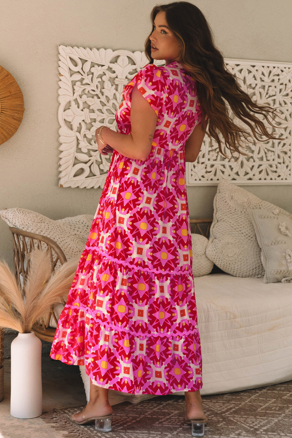 Strawberry Pink Geo Print V-neck Maxi Dress - Premium Dresses/Maxi Dresses from Ashes 2 Wildflowers Boutique, LLC- Just $38.56! Shop now at Ashes 2 Wildflowers Boutique, LLC